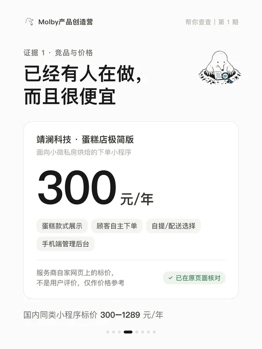Slide 4: a similar mini-program at ¥300, the vendor's own price (the slide says a year; the vendor's article says a flat ¥300).